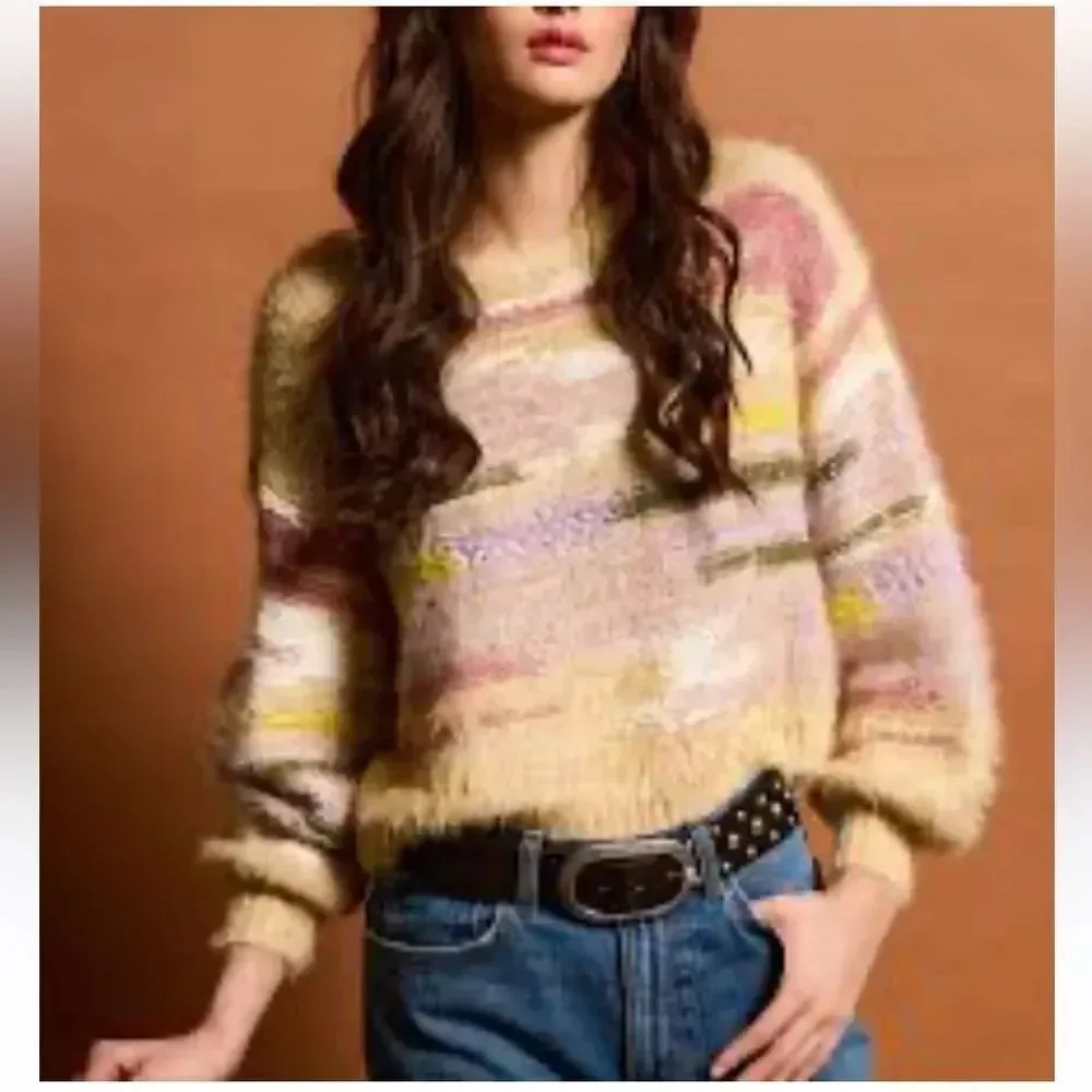 Anthropologie Pilcro Boat-Neck Cropped Sweater Multi Color size Large